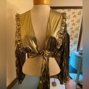 Love Shack Fancy Metallic Gold Ruffle Tie-Front Top Small NWT